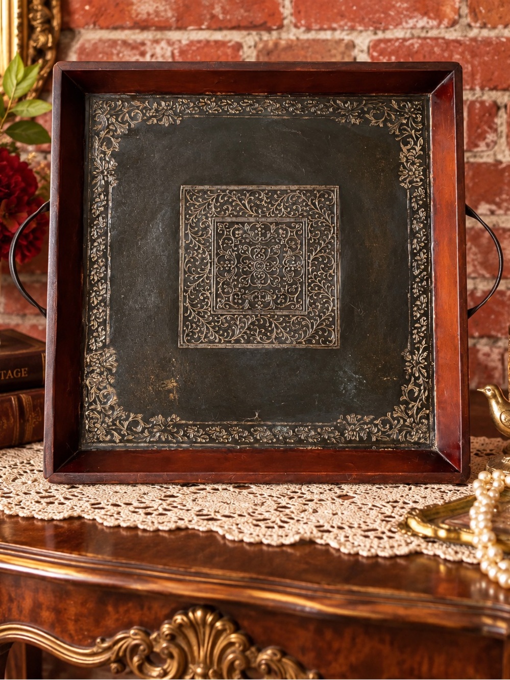 Vintage Middle Eastern Square Wood and Metal Large Inlay Serving Tray
